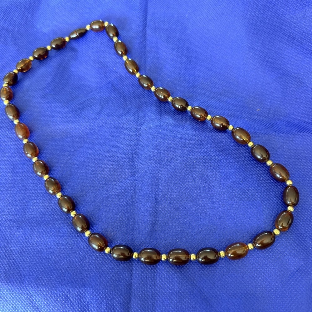 VTG AVON Turtle Bay Brown Oval Beaded Necklace Gold Tone Spacer 24" Barrel Clasp